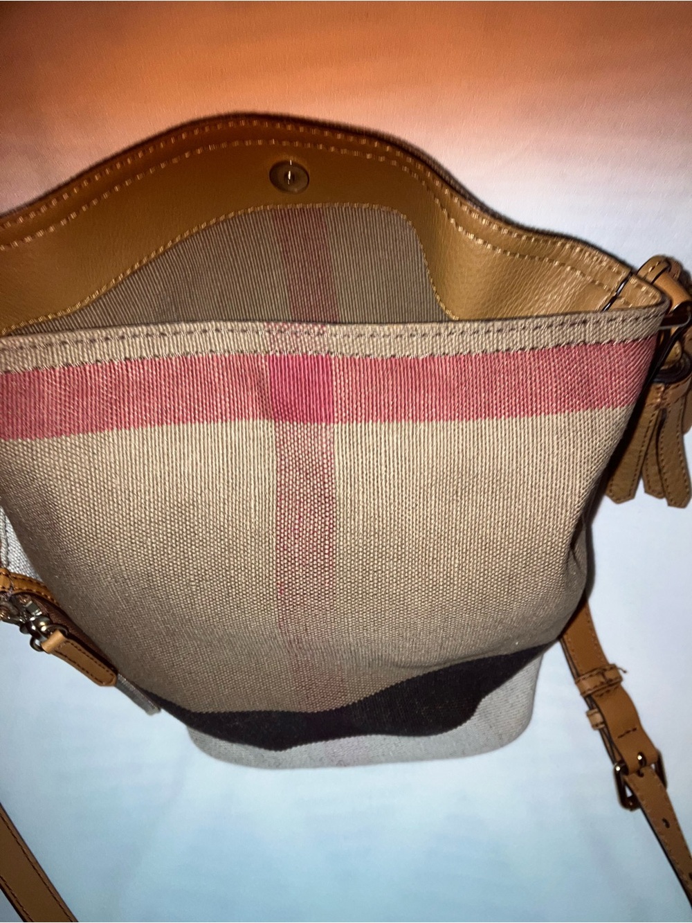 Burberry Beige Canvas Crossbody with Tan Leather and Pink Stripe